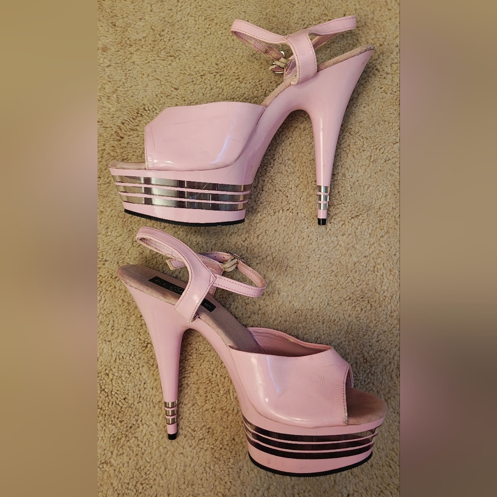 Y2K Pleaser Pink Patent Leather Metallic Banded Platform Stiletto Heels.
